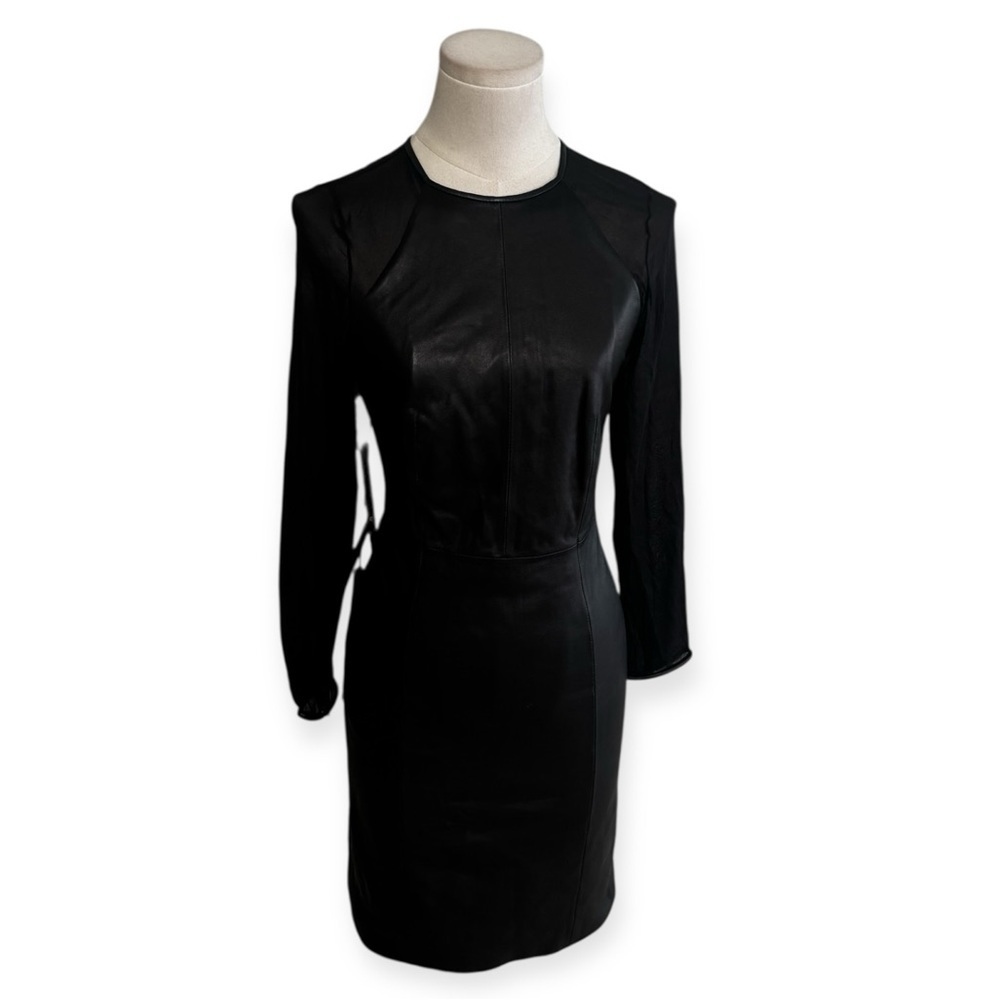 REISS Black Leather Bodycon Dress Mesh Long Sleeves Size 4 Designer Luxury Party